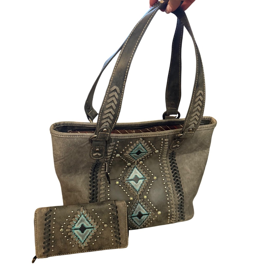 Montana West Western Tote Bag and Wallet Set Turquoise Studded Concealed Carry